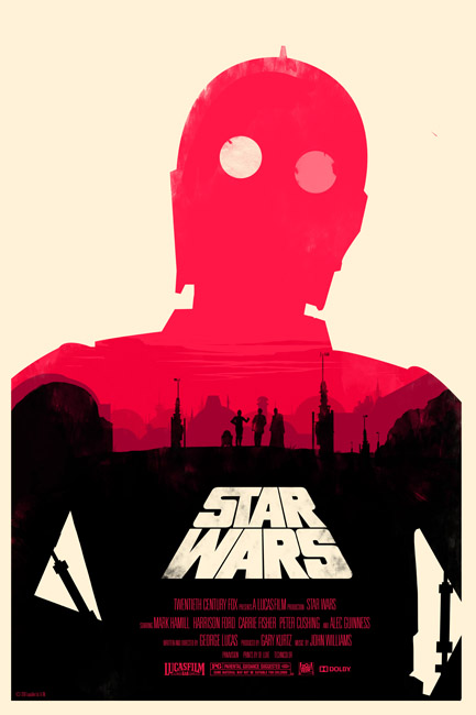 Olly Moss poster depicting C-3PO's eyes as the twin suns of Tattooine